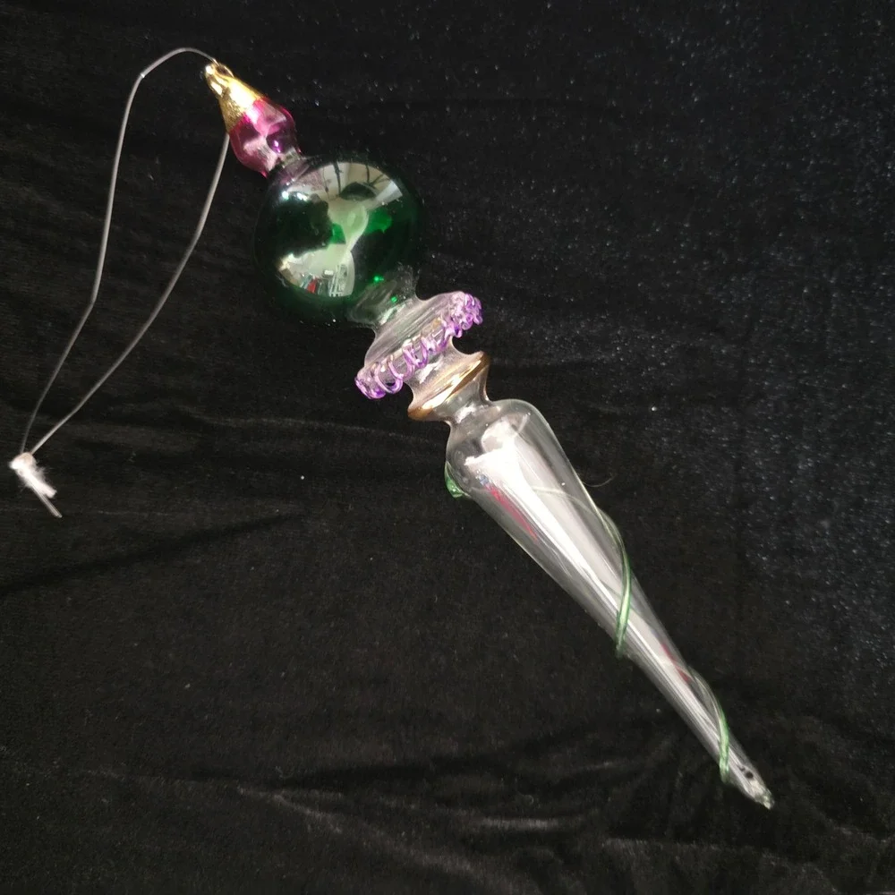 Thomas Pacconi Museum Series Blown Glass Christmas Ornament Green Purple Icicle